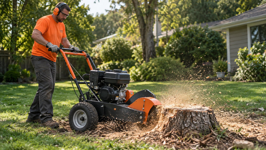 Compact stump grinder in use in a backyard