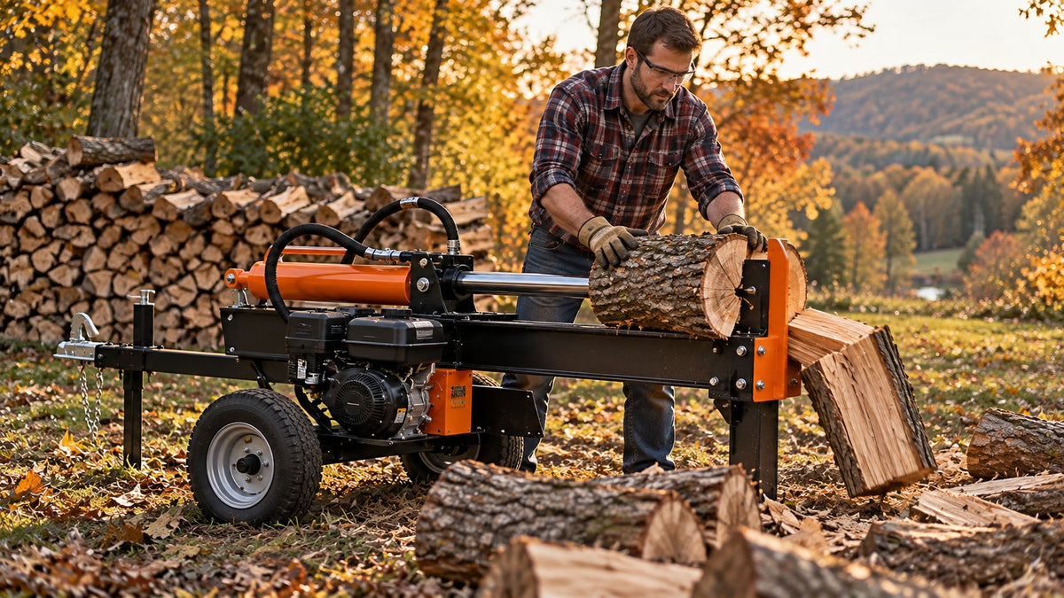 Gas log splitter in use splitting firewood