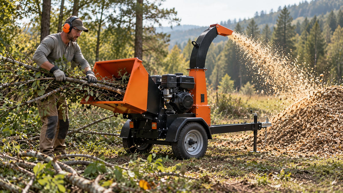 Towable chipper shredder in use at the edge of a forest